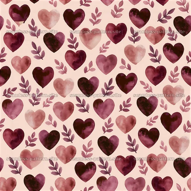 Seamless pattern of hearts and leaves in shades of pink and purple — seamless tileable pattern