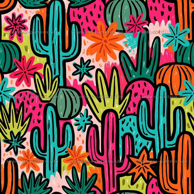 Colorful desert plants with shapes and patterns in a seamless layout — seamless tileable pattern