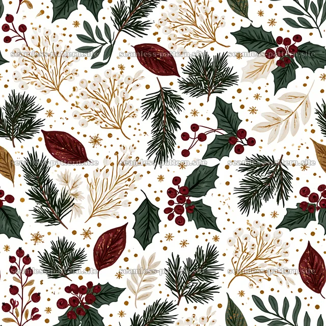 Seamless Holiday Botanical Pattern with Holly and Pine — seamless tileable pattern