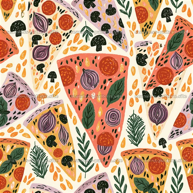 Seamless doodle pizza pattern with colorful slices and toppings — seamless tileable pattern