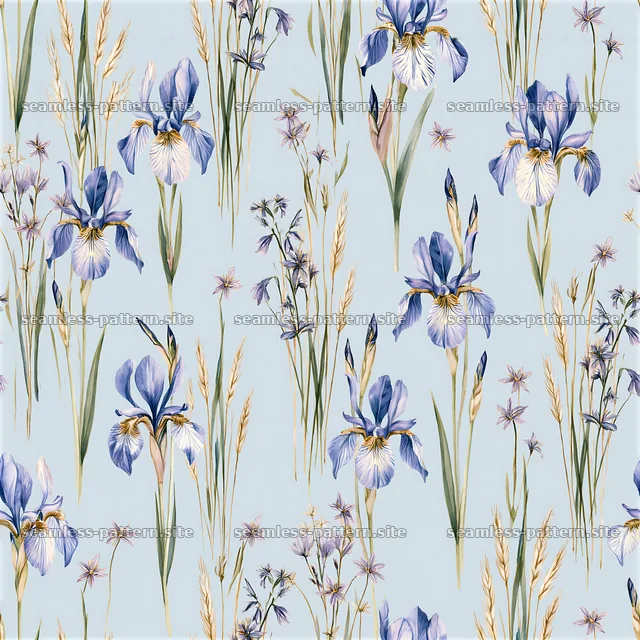 Seamless watercolor floral pattern with iris and grass on light blue — seamless tileable pattern