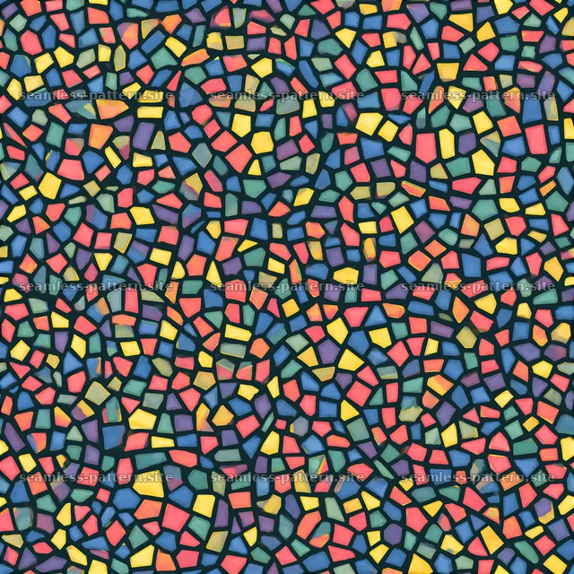 Bright abstract mosaic shapes repeat pattern on dark background — seamless tileable pattern