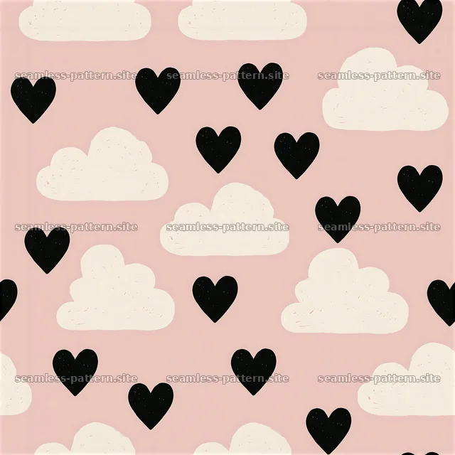 Seamless pattern of black hearts and clouds on a pink background — seamless tileable pattern