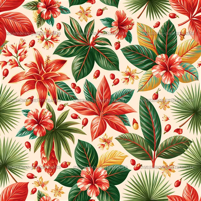 Vibrant floral seamless pattern with tropical leaves and flowers — seamless tileable pattern