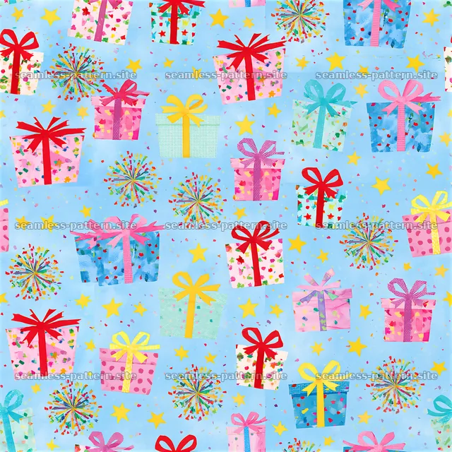 birthday scrapbook repeat pattern with colorful presents — seamless tileable pattern