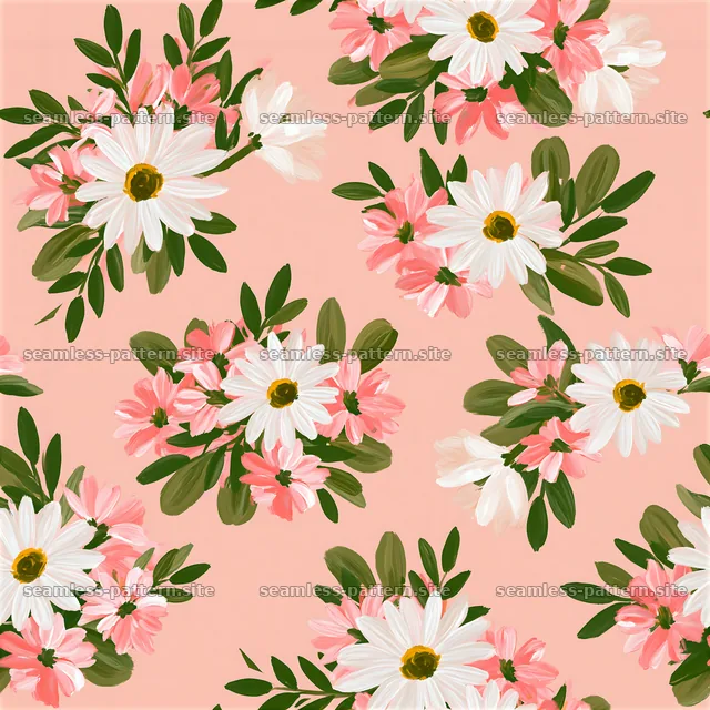 Bright hand-painted flowers seamless pattern with pink and white shades — seamless tileable pattern