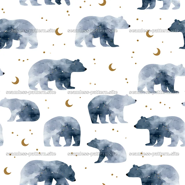 Seamless watercolor bear pattern with navy blue bears and gold accents — seamless tileable pattern
