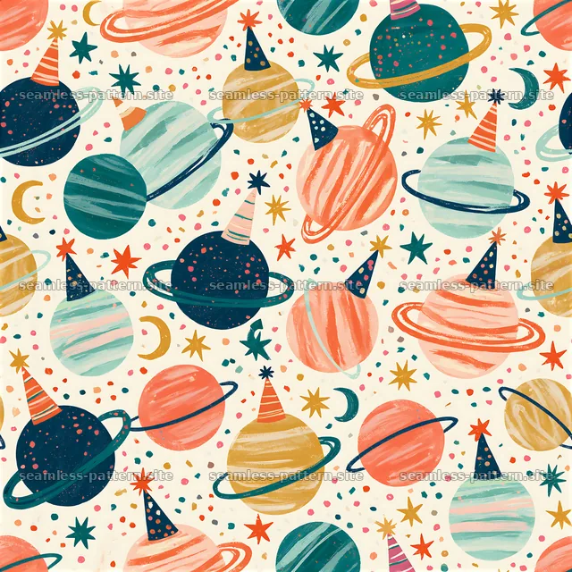 Birthday planets seamless pattern with colorful planets and stars — seamless tileable pattern