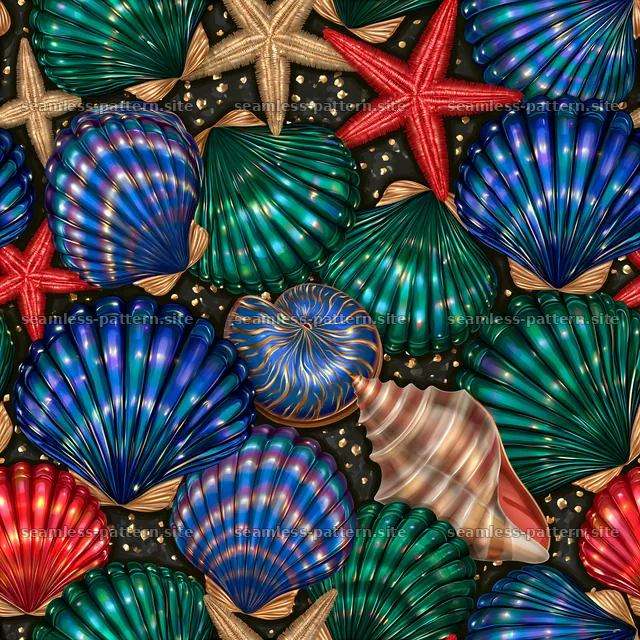 Colorful seashells and starfish seamless pattern with vibrant shells — seamless tileable pattern
