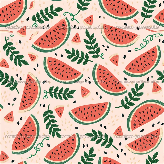 Cute watermelon seamless pattern with slices and greenery design — seamless tileable pattern
