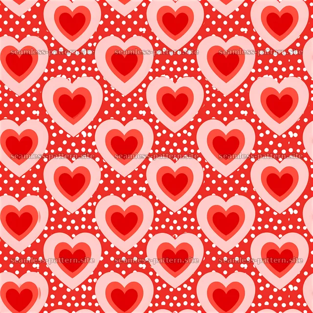 Colorful seamless heart pattern on a bright red background — seamless tileable pattern