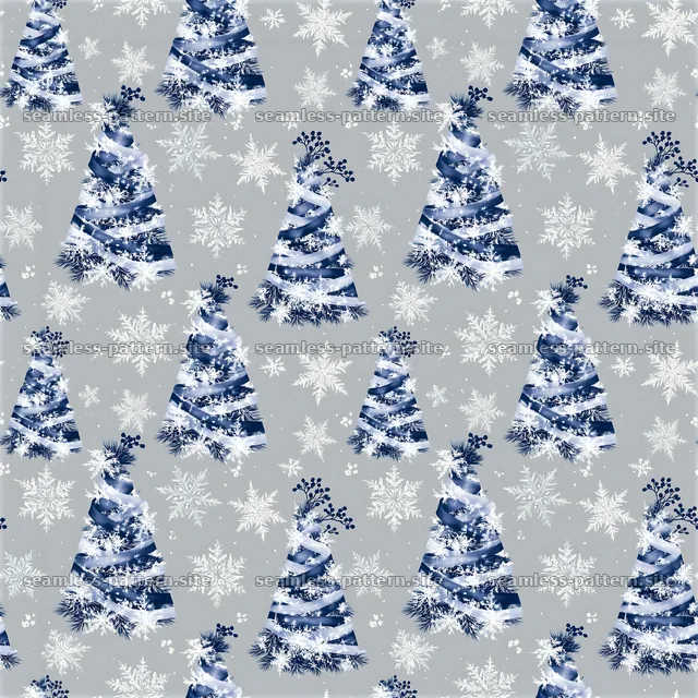 Blue ribbon-wrapped Christmas tree and snowflake pattern — seamless tileable pattern