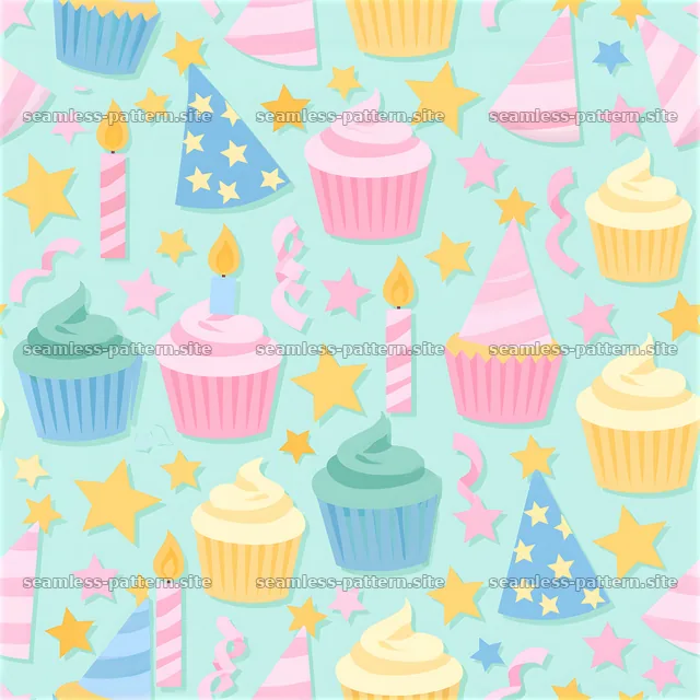 Pastel Birthday Cupcakes and Party Hats Seamless Pattern — seamless tileable pattern