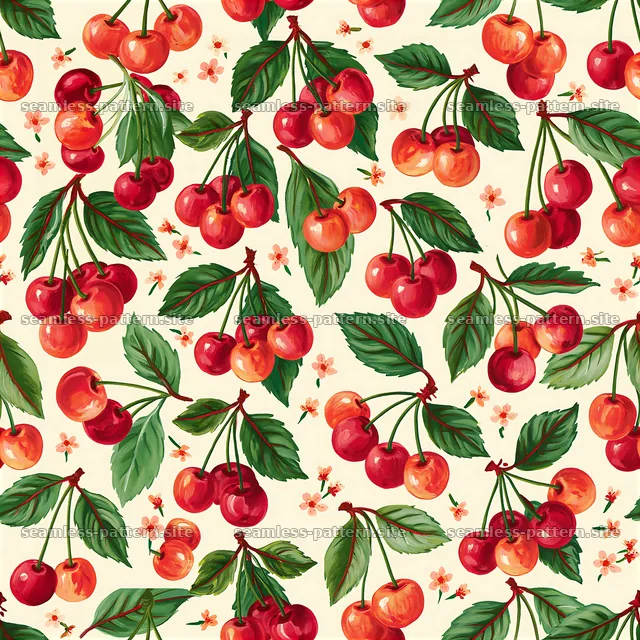 Colorful cherry seamless pattern with red cherries and green leaves — seamless tileable pattern