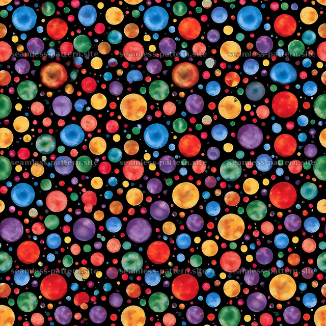 Vibrant painted dots in a seamless layout on a black background — seamless tileable pattern