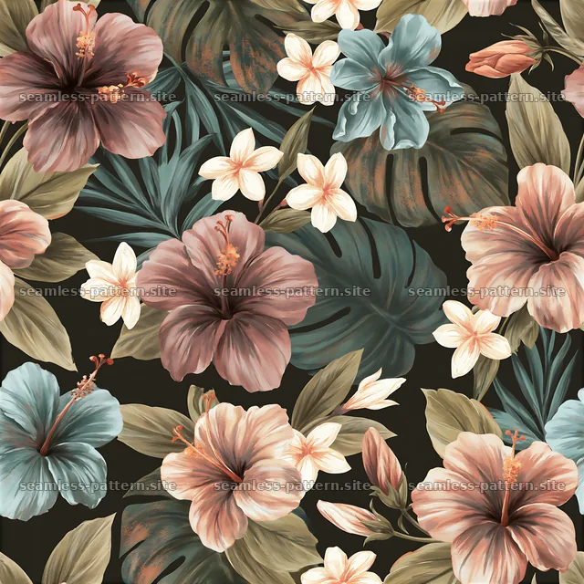 Tropical flower tileable pattern in dark background, seamless pattern design — seamless tileable pattern