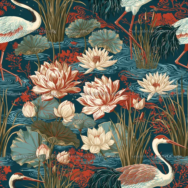 Colorful vintage seamless pattern with cranes and lotus flowers — seamless tileable pattern