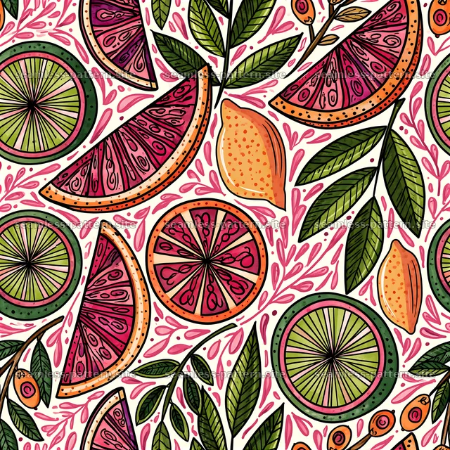 Colorful citrus fruit and leaves seamless pattern — seamless tileable pattern