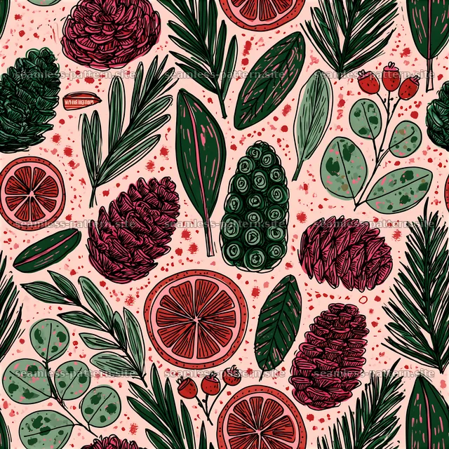 Floral and pinecone seamless pattern for festive wrapping paper — seamless tileable pattern