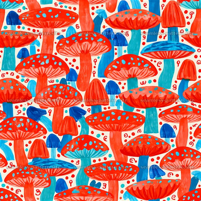 Colorful mushrooms pattern with blue and red elements — seamless tileable pattern