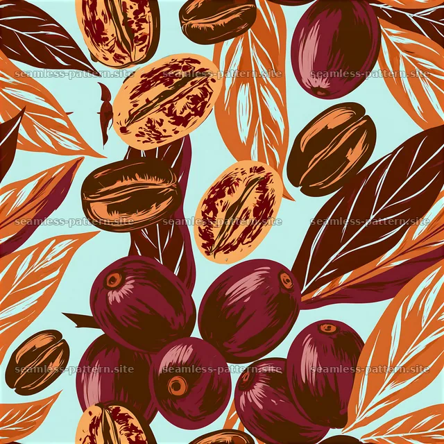 Seamless coffee packaging pattern with coffee beans and leaves — seamless tileable pattern