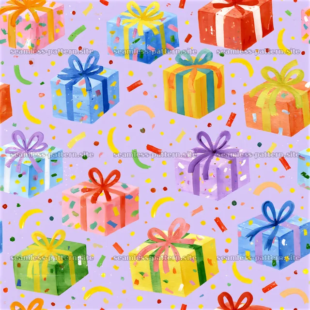 Birthday hand-painted tileable texture with colorful gift boxes — seamless tileable pattern