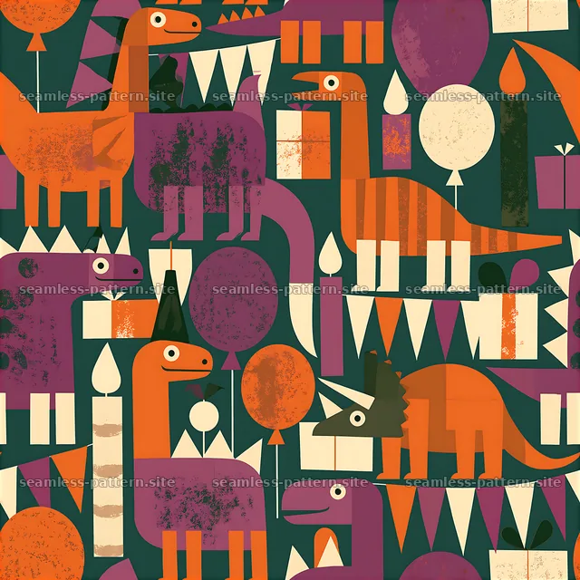 Colorful Dinosaurs and Birthday Decorations Seamless Pattern — seamless tileable pattern