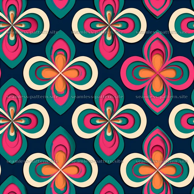 Colorful floral design with layered shapes in a dark background — seamless tileable pattern
