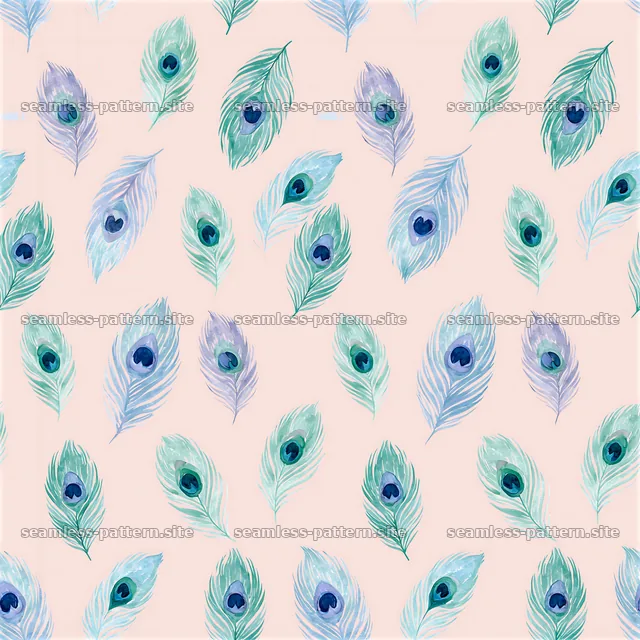 Seamless watercolor peacock feather pattern in soft colors — seamless tileable pattern