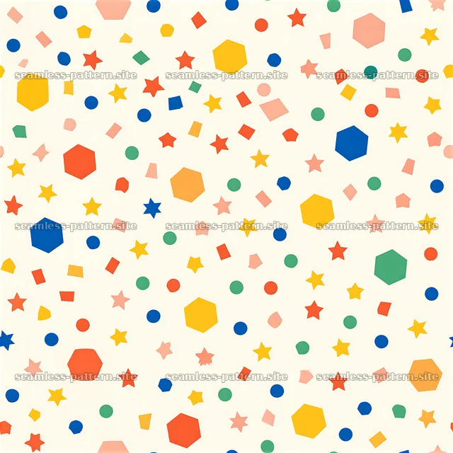 Colorful geometric shapes create a playful seamless pattern — seamless tileable pattern